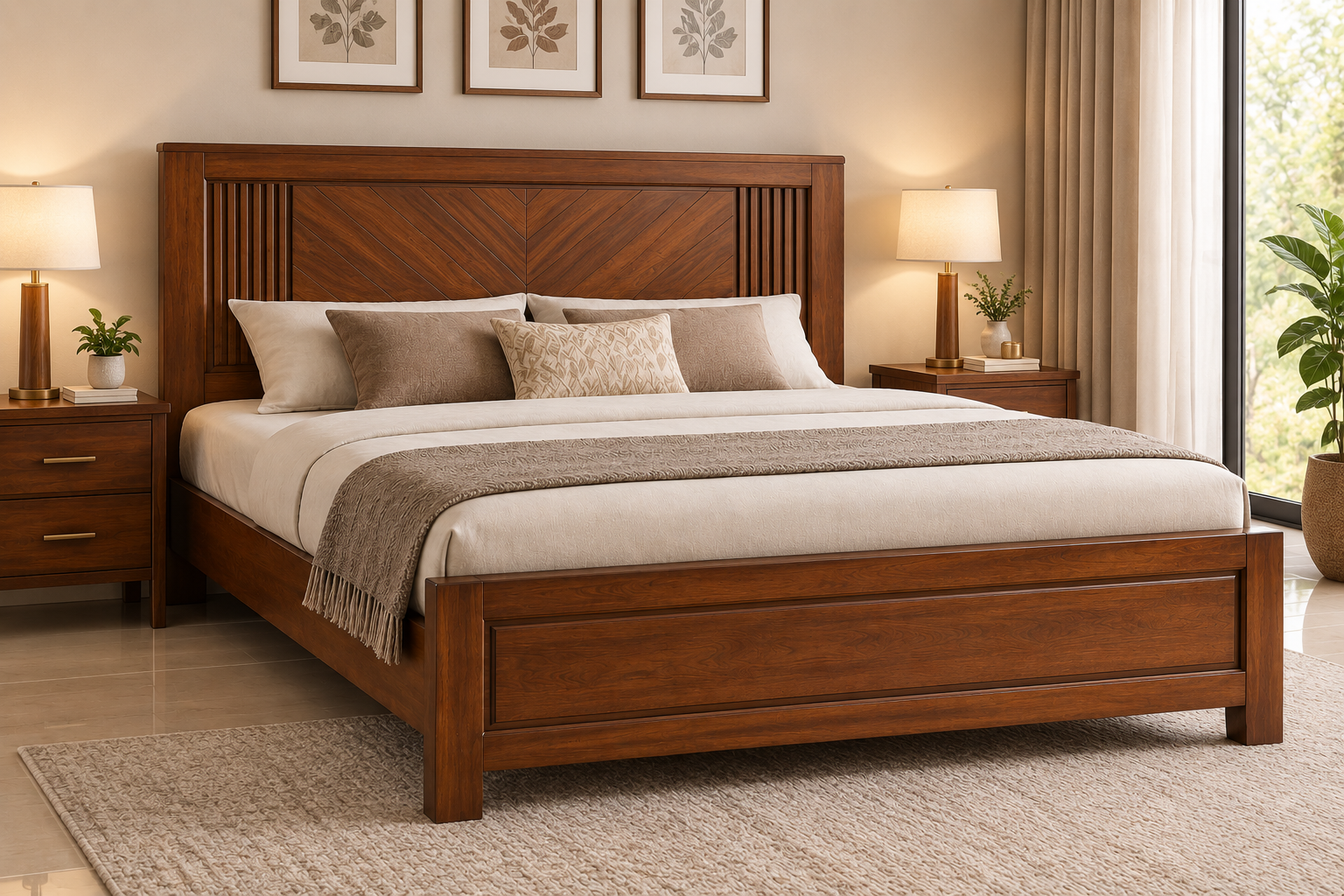 Classic Panel Queen Size Solid Wood Bed thumbnail 2